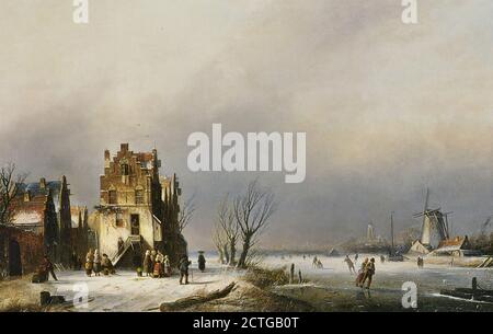 Spohler Jan Jacob Coenraad - eine Winterlandschaft mit Skatern In der Nähe eines Dorfes - Holländische Schule - 19. Jahrhundert Stockfoto