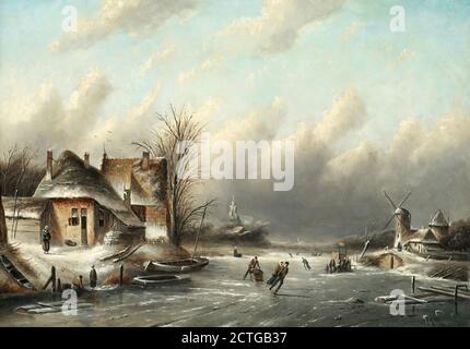 Spohler Jan Jacob Coenraad - Niederländische Winterszene mit Figuren Schlittschuhlaufen auf dem Eis - Holländische Schule - 19. Jahrhundert Stockfoto