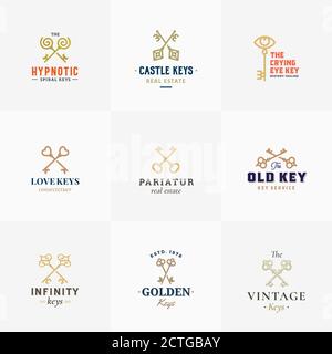 Retro Keys Symbole Große Sammlung. Abstrakte Vektorzeichen, Symbole oder Logo-Vorlagen. Verschiedene gekreuzte Keys Sillhouettes mit klassischer Typografie Stock Vektor