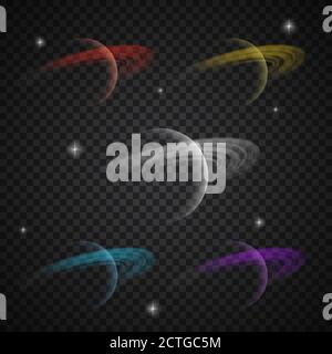 Saturn Planet Abstraktes Vektor-Zeichen, Emblem oder Icon Template Set. Schattierte Kugel mit Lichtkreisen auf dem Hintergrund des dunklen Raums. Transparenter Stern Stock Vektor