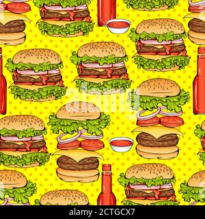 Cartoon bunte helle Hamburger und Sauce auf gelbem Hintergrund nahtlose Muster. Vektor-Illustration in Pop-Art-Stil Textur für Fast-Food-Restaurant oder Café-Menü Banner, Textil, Geschenkpapier Stock Vektor