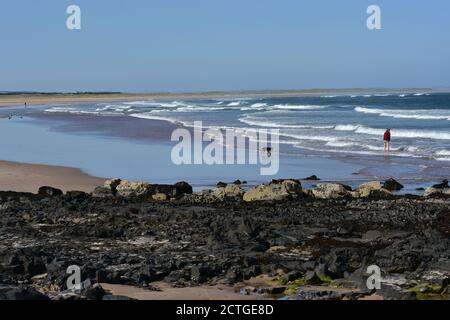 Menschen am Strand im Herbst Sonnenschein, Budle Bucht, Northumberland Stockfoto