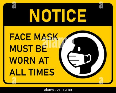 Hinweis Gesichtsmaske muss immer getragen werden Horizontale Warnung Poster Zeichen gegen die Ausbreitung von Coronavirus mit einem Seitenverhältnis von 4:3. Vektorbild. Stock Vektor