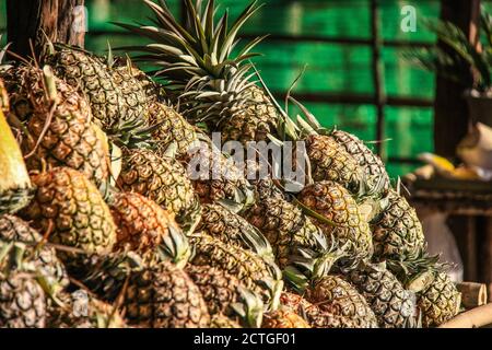 Viele Ananas auf den Regalen zum Verkauf Stockfoto