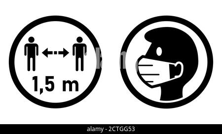 Set von runden Maßsymbolen gegen Coronavirus, einschließlich Halten Sie Ihre Entfernung 1,5 m oder 1,5 Meter und tragen Sie eine Gesichtsmaske oder Abdeckung. Vektorbild. Stock Vektor