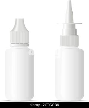 Nasal abschwellende Spray und Augentropfer medizinische Flaschen Mockup Set. Abbildung der Verpackung aus weißem Glas oder Kunststoff. 3d-Medikationsvektorvorlage. Stock Vektor