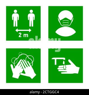 Set Coronavirus Anweisungen, einschließlich Halten Sie Ihren Abstand 2 m oder 2 Meter, tragen Sie eine Gesichtsmaske, waschen und desinfizieren Sie Ihre Hände. Vektorbild. Stock Vektor