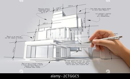 3D-Rendering einer Hand Hinzufügen von Spezifikationen in einem modernen Bauprojekt, ist es Dummy-Text für Entwurfszwecke Stockfoto