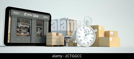 3D-Rendering einer Tablette mit einer Boutique und Delivery Men, einem Van mit Boxen und einer Stoppuhr Stockfoto