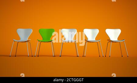 3D-Rendering einer Reihe von Kunststoff-und Metall-Stühle In grün mit einem kontrastierenden roten auf einem Orange Hintergrund Stockfoto