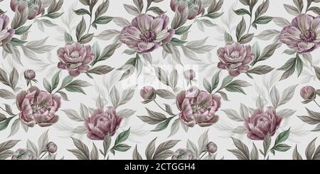 Florales nahtloses Grafikmuster mit Vintage Pfingstrosen, Anemone, Blättern und Blumen. Handgezeichnete Illustration. Modisch glamourös Design Walpapers, Stoff Stockfoto