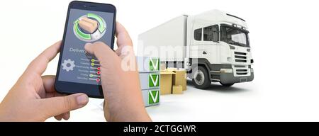 3D-Rendering einer Smartphone Delivery Tracking App mit LKWs Und Waren im Hintergrund Stockfoto