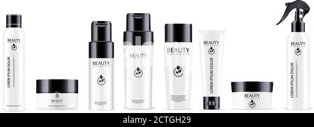 Große Kosmetikflaschen Packung in schwarz und weiß Farben. Mockup Set von Gläsern für kosmetische Produkte. Deodorant, Cremegläser, Shampoo und Conditioner Flaschen, c Stock Vektor