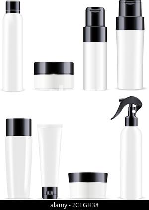 Große Kosmetikflaschen Packung in schwarz und weiß Farben. Mockup Set von Gläsern für kosmetische Produkte. Deodorant, Cremegläser, Shampoo und Conditioner Flaschen, c Stock Vektor