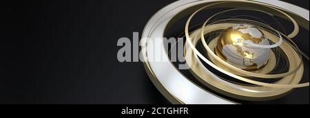 3D-Rendering einer glolden Erde mit Wirbeln, die Umlaufbahnen suggerieren Und Drehung Stockfoto