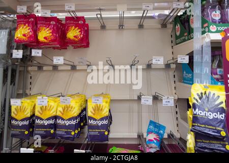 Taplow, Buckinghamshire, Großbritannien. September 2020. Einige Leute haben begonnen, Panik wieder zu kaufen, wegen der Befürchtungen einer möglichen nationalen Sperre, da neue Covid-19 Fälle wieder außer Kontrolle geraten in England. Wie früher beliebte Artikel, die in der Masse von einigen Käufern gekauft werden, sind Toilettenrollen, Pasta, Tomaten aus der Dose, gebackene Bohnen, Handdesinfektionsmittel und Einweghandschuhe, aber Mehl und die meisten anderen Produkte im Laden heute Morgen waren in guter Versorgung und der Supermarkt war nicht übermäßig beschäftigt. Quelle: Maureen McLean/Alamy Live News Stockfoto