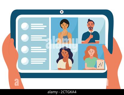 Vier Personen sind auf dem Tablet-Gerät Bildschirm, Konferenz-Video-Anruf Vektor Illustration Design. Lösen Sie Geschäftsproblem. Asiatische Frau und Mann. Menschliche Hand Stock Vektor