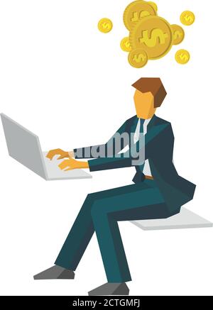 Geschäftsmann, der am Computer arbeitet und über Geld nachdenkt. Geschäftskonzept - Gewinnwachstum, Umsatzsteigerung, Finanzen. Flacher Vektor Clip Art isol Stock Vektor