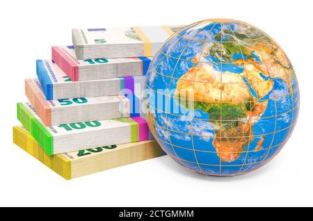 Erdkugel mit Euro-Packs, 3D-Rendering isoliert auf weißem Hintergrund Stockfoto