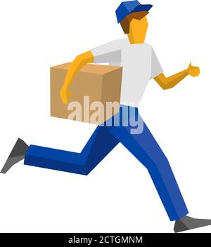 Laufende Lieferung Mann in blauen Uniform halten Karton-Box. Postkurier bringen Paket. Einfache flache Stil Clip Art für Infografiken Stock Vektor