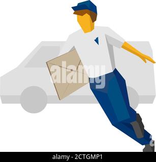 Laufender Liefermann in blauer Uniform mit großem Briefumschlag. Van Silhouette auf der Rückseite. Postkurier bringen Post. Einfache flache Stil Clip Art fo Stock Vektor