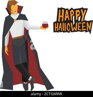 Stehender Vampir mit Weinglas in der Hand. Cartoon böse Charakter auf weißem Hintergrund isoliert. Mit den Worten 'Happy Halloween'. Einfache geometrische Formen, f Stock Vektor