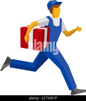 Running Lieferung Mann in blauer Uniform hält rote Geschenkbox. Postkurier bringen Paket. Einfache flache Stil Clip Art für Infografiken Stock Vektor