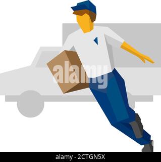 Laufende Lieferung Mann in blauen Uniform halten Karton-Box. Cargo Truck Silhouette auf der Rückseite. Postkurier bringen Paket. Schlichte, flache ClipArt Stock Vektor