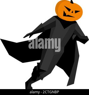 Running Kürbis Mann isoliert auf weißem Hintergrund. Halloween-Charakter in schwarzer Suite und Umhang. Einfache geometrische Formen, flache Stile Vektor Clip Art. Stock Vektor