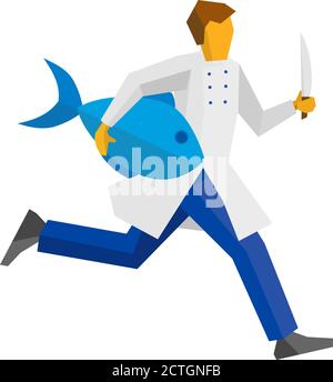 Der Koch läuft mit einem Messer und einem großen Fisch in den Händen. Kochen oder Essen Konzept. Einfache flache Stil Vektor Clip Art. Stock Vektor