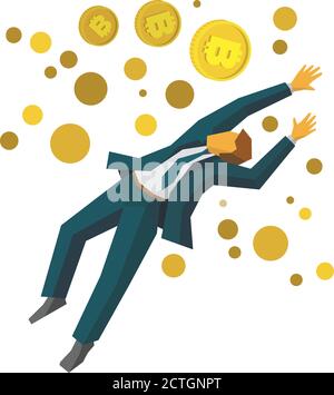 Springender Geschäftsmann fängt eine Goldbitcoins. Geschäftsmetaphern - Kryptowährung, finanzieller Erfolg, Gewinnwachstum, Umsatzsteigerung. Vektor im flachen Stil cl Stock Vektor