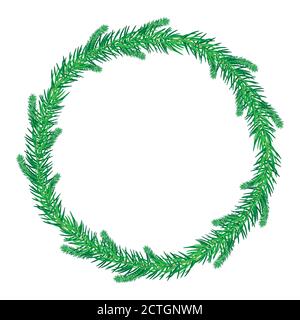 Dünne grüne tannenkranz isoliert auf weißem Hintergrund. Leere runde Weihnachtsgirlande. Runder Rahmen aus Kiefernästen. Vektorgrafik für Aktien Stock Vektor