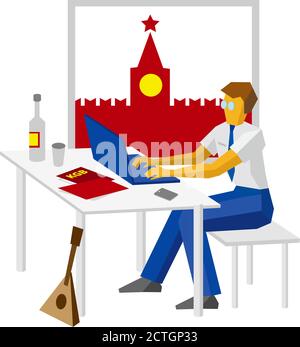 Computerhacker arbeiten mit Laptop. Mit traditionellen russischen Elementen - Kreml, Wodka, Balalaika, Ordner mit Buchstaben "KGB". Cyber-Kriminalität Konzept - f Stock Vektor
