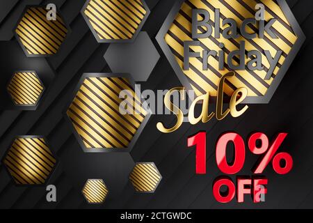 3D Black friday Verkauf Hintergrundbild in auffälliges schwarzes Gold Und rotes Design mit bis zu 10 % Rabatt auf Text Stockfoto