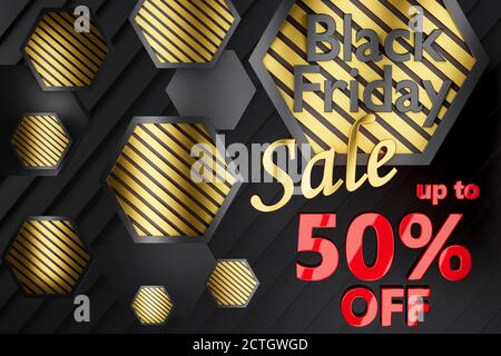 3D Black friday Verkauf Hintergrundbild in auffälliges schwarzes Gold Und rotes Design mit bis zu 50 % Rabatt auf Text Stockfoto