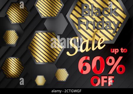 3D Black friday Verkauf Hintergrundbild in auffälliges schwarzes Gold Und rotes Design mit bis zu 60 % Rabatt auf Text Stockfoto