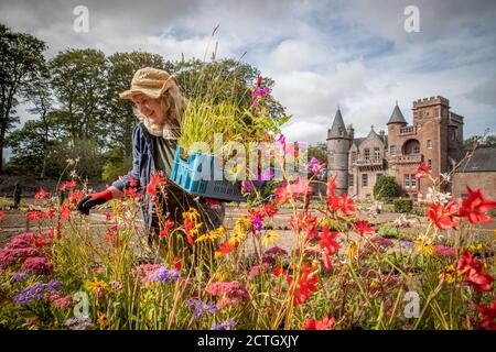 Die Volunteer Katie Dessain hilft bei der Pflanzung des neuen Gartens, der vom Gärtner und Designer Nigel Dunnet als Reaktion auf die 800-jährige Gartengeschichte des Standorts Hospitalfield in Arbroath geschaffen wurde. Stockfoto