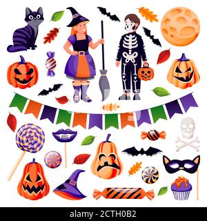 Halloween Dekoration und Design-Elemente Set. Vektor flache Cartoon-Illustration. Kürbis, Süßigkeiten, schwarze Katze, Fledermaus, Schädel Symbole. Kinder in lustigen Kostümen von Stock Vektor