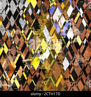 Abstraktes geometrisches Hintergrundmuster, Retro/Vintage-Stil, mit Raute, Striche und Spritzer Stock Vektor