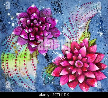 Schöne lila Aster Blumen auf einem Raum Hintergrund. Set von zwei Blumen von Aquarell malen Stockfoto