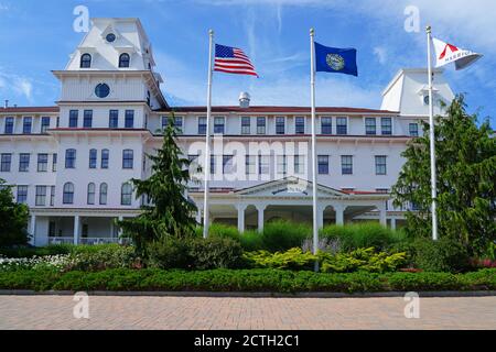 PORTSMOUTH, NH –6 AUG 2020- Blick auf das Wentworth by the Sea, ein historisches Hotel, das von Marriott geführt wird, dem Sitz der Unterzeichnung des Vertrags von Portsmouth, l Stockfoto