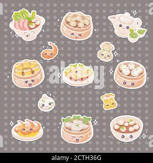 Chinesische Dim Sum niedlich kawaii Vektor-Zeichen gesetzt Stock Vektor