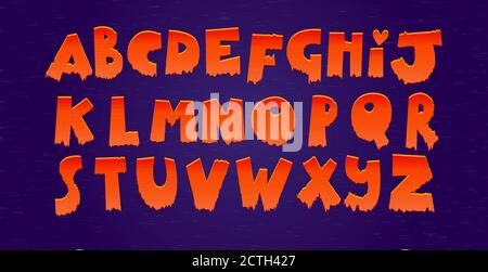 Blutiges Vampir-Alphabet. Vektorschrift, lateinische Buchstaben in roter Farbe tropfende Flüssigkeit. Stock Vektor