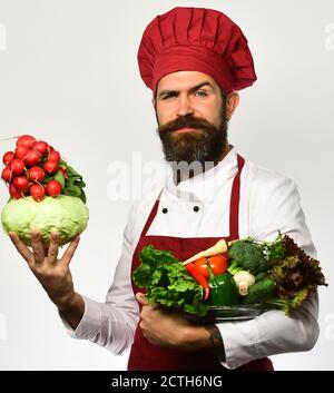 Der Koch hält eine Schüssel mit frischem Gemüse. Kochen und vegetarische Ernährung Konzept. Mann mit Bart isoliert auf weißem Hintergrund. Kochen Sie mit zufriedenen Gesicht in burgunderroten Uniform hält Kohl und Rettich für Salat Stockfoto