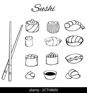 Sushi Food Set schwarz weiß isoliert Illustration Vektor Stock Vektor