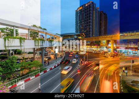 Verschiedene Schattierungen von hohe Ansicht von unscharfen Licht Verkehr An der Straßenseite befindet sich das Einkaufszentrum Stockfoto