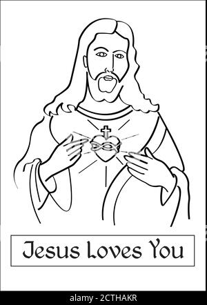 Jesus mit jesus Heiliges Herz Bild mit Botschaften für T-Shirt Drucke, Bücher, Kinder Gemälde Werke, Religion Lehrer - Jesus liebt dich Stock Vektor