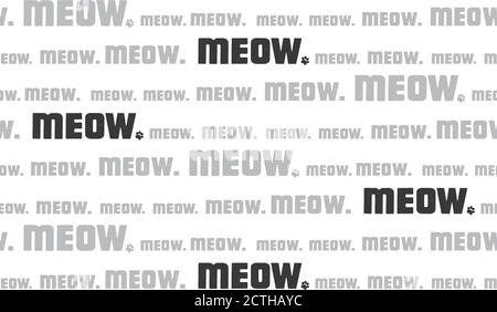 Wiederholung von „Mow.“ in verschiedenen Größen in mehreren Textzeilen. Nahtloses Bodenfräsmuster von Katzenklang. Konzept für sprechende Katzen auf Englisch. Stock Vektor