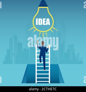 Vektor eines Geschäftsmannes, der eine Leiter hochklettert, um helle Idee, Glühbirne zu erreichen Stock Vektor