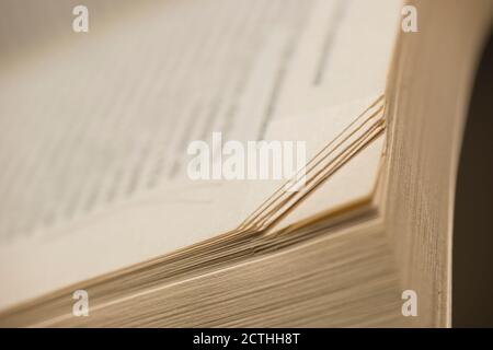 Detail des offenen Buches mit Hundeohren Lesezeichen. Stockfoto